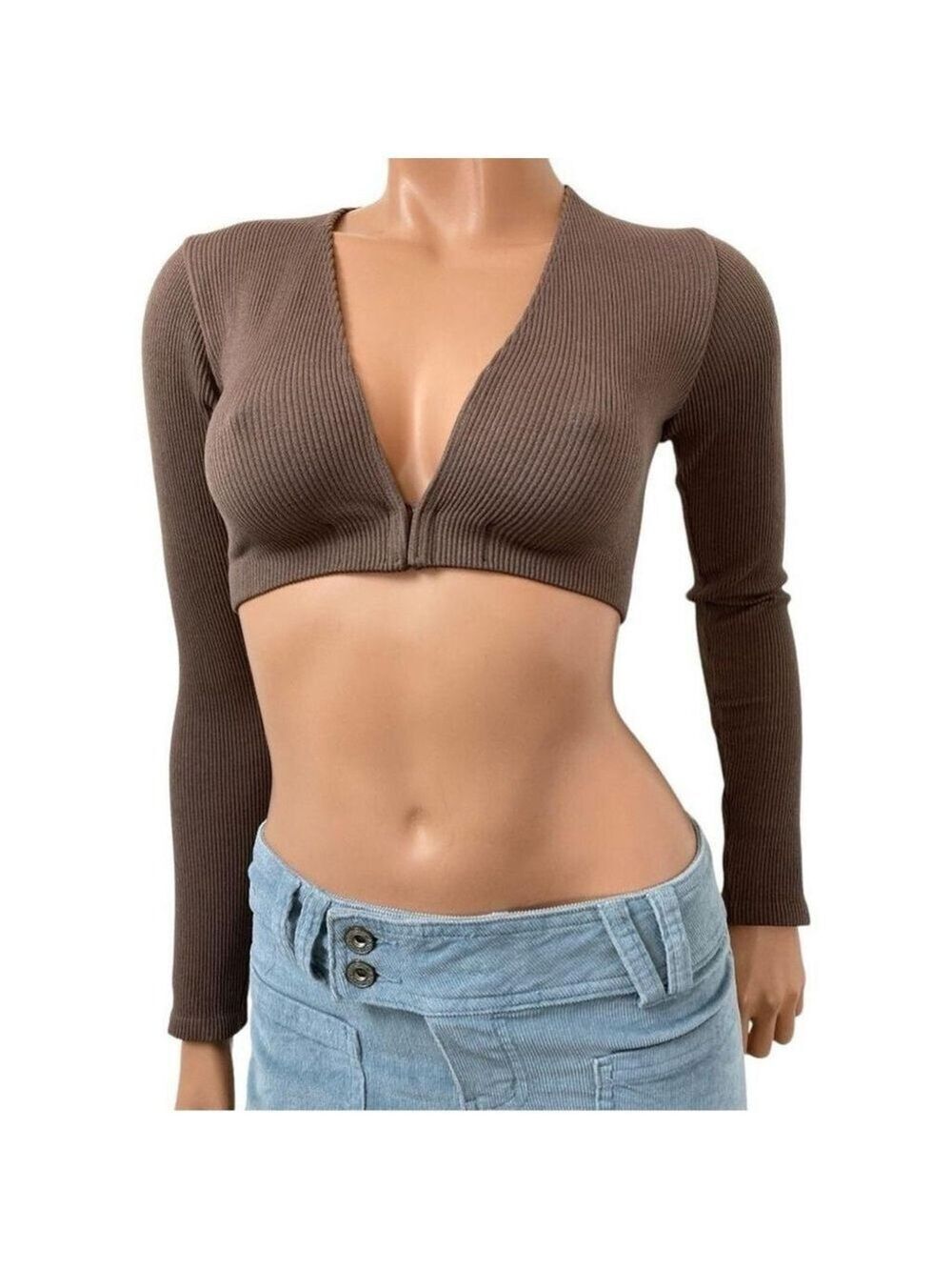 Zara Brown Ribbed Micro Crop Top Long Sleeve XS Twilightcore Earthy Grunge